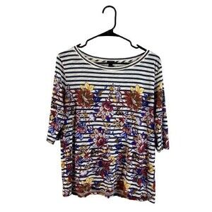 J Crew Women's Medium Floral Striped Boat Neck 3/4 Sleeve Top